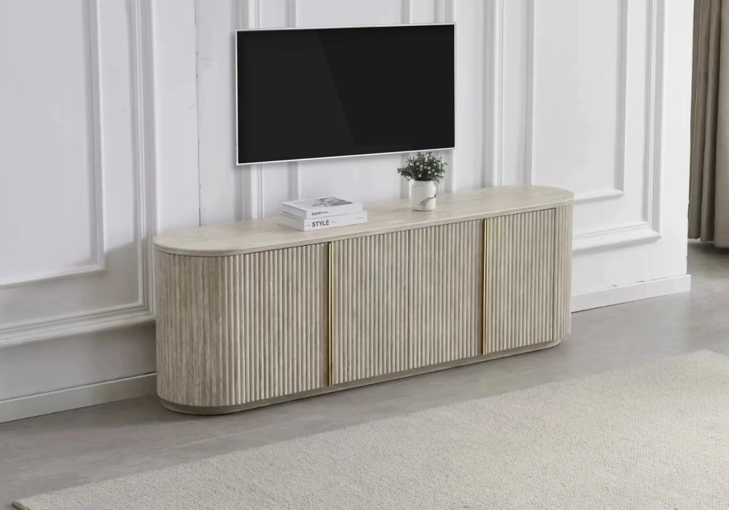 Meuble TV design ovale travertin cannelé – Terra – Galerie du Mobilier - Vue 1