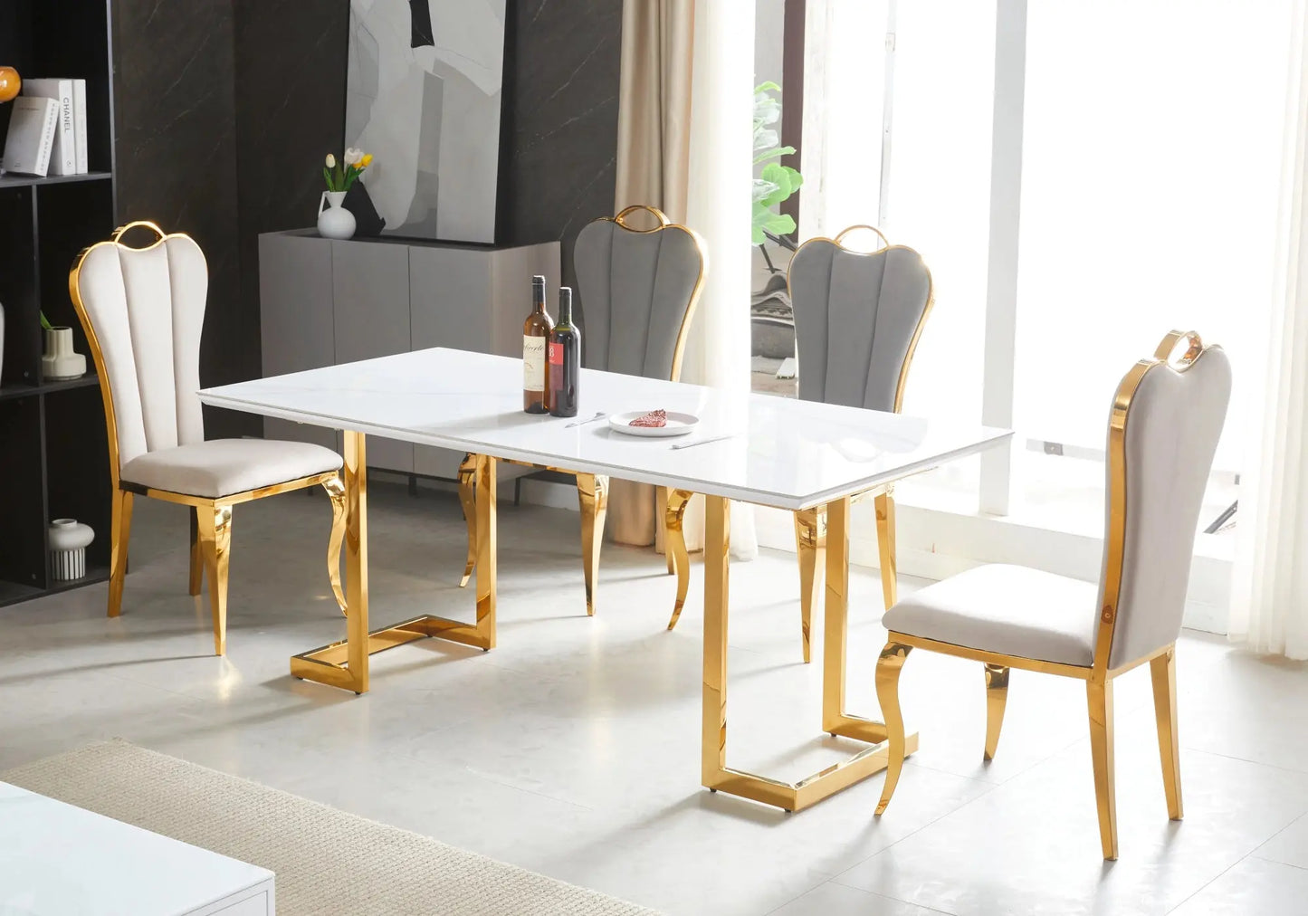 Ensemble table chaise dorée céramique marbre blanc LILA - Galerie du Mobilier