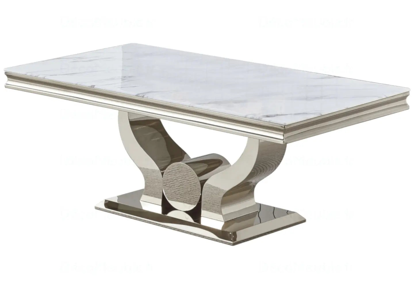 Table et chaises marbre blanc argent TROPHEE Galerie du Mobilier