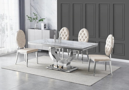 Table marbre beige et chaises capitonnées beige TROPHEE Galerie du Mobilier