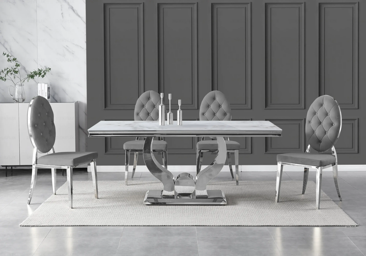 Table marbre beige et chaises capitonnées gris argent TROPHEE Galerie du Mobilier