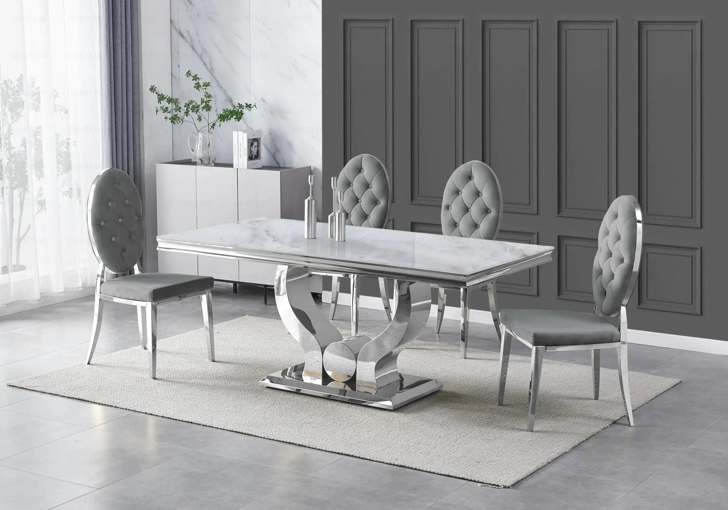 Table marbre beige et chaises capitonnées gris argent TROPHEE Galerie du Mobilier