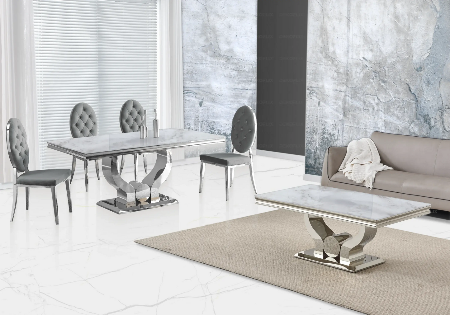 Table marbre beige et chaises capitonnées gris argent TROPHEE Galerie du Mobilier