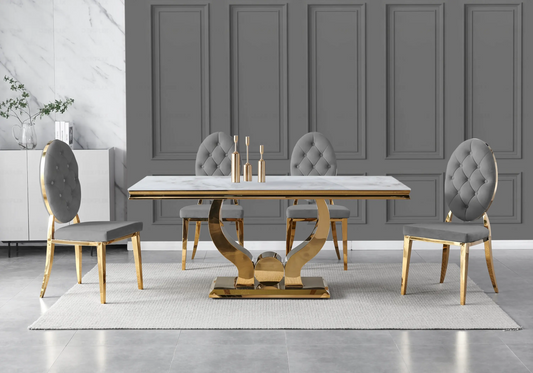 Table marbre beige et chaises capitonnées gris doré TROPHEE Galerie du Mobilier