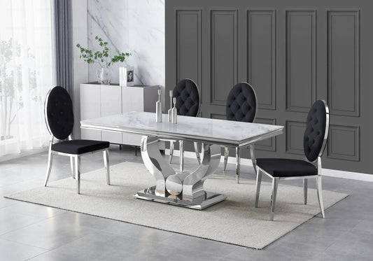 Table marbre beige et chaises capitonnées noir TROPHEE Galerie du Mobilier