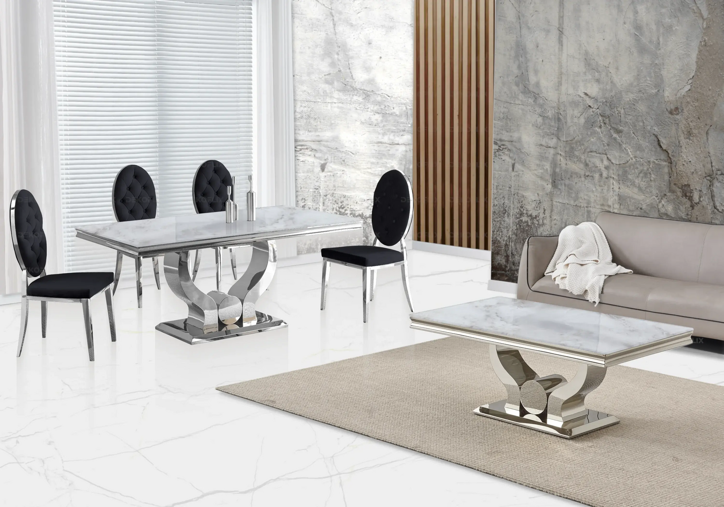 Table marbre beige et chaises capitonnées noir TROPHEE Galerie du Mobilier
