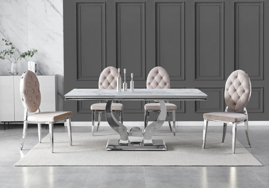 Table marbre beige et chaises capitonnées taupe TROPHEE Galerie du Mobilier