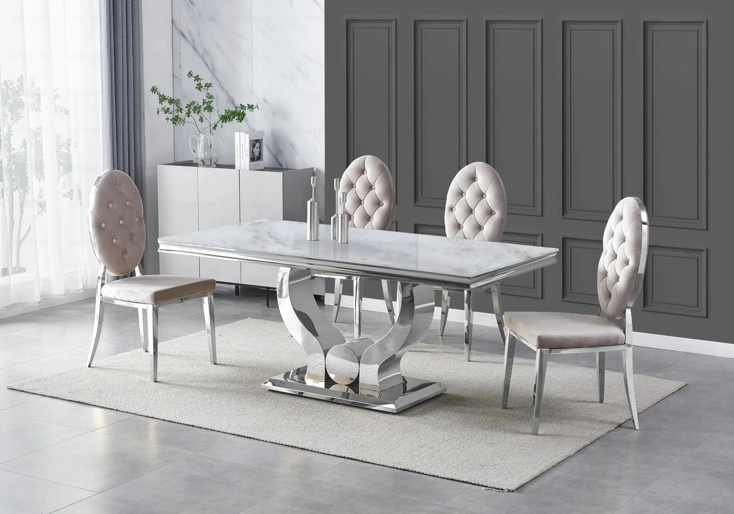 Table marbre beige et chaises capitonnées taupe TROPHEE Galerie du Mobilier