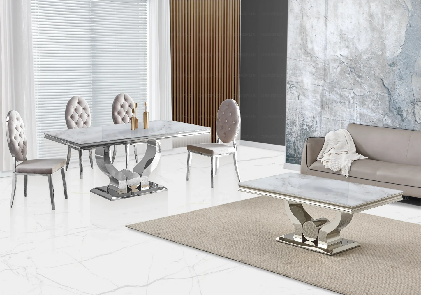 Table marbre beige et chaises capitonnées taupe TROPHEE Galerie du Mobilier
