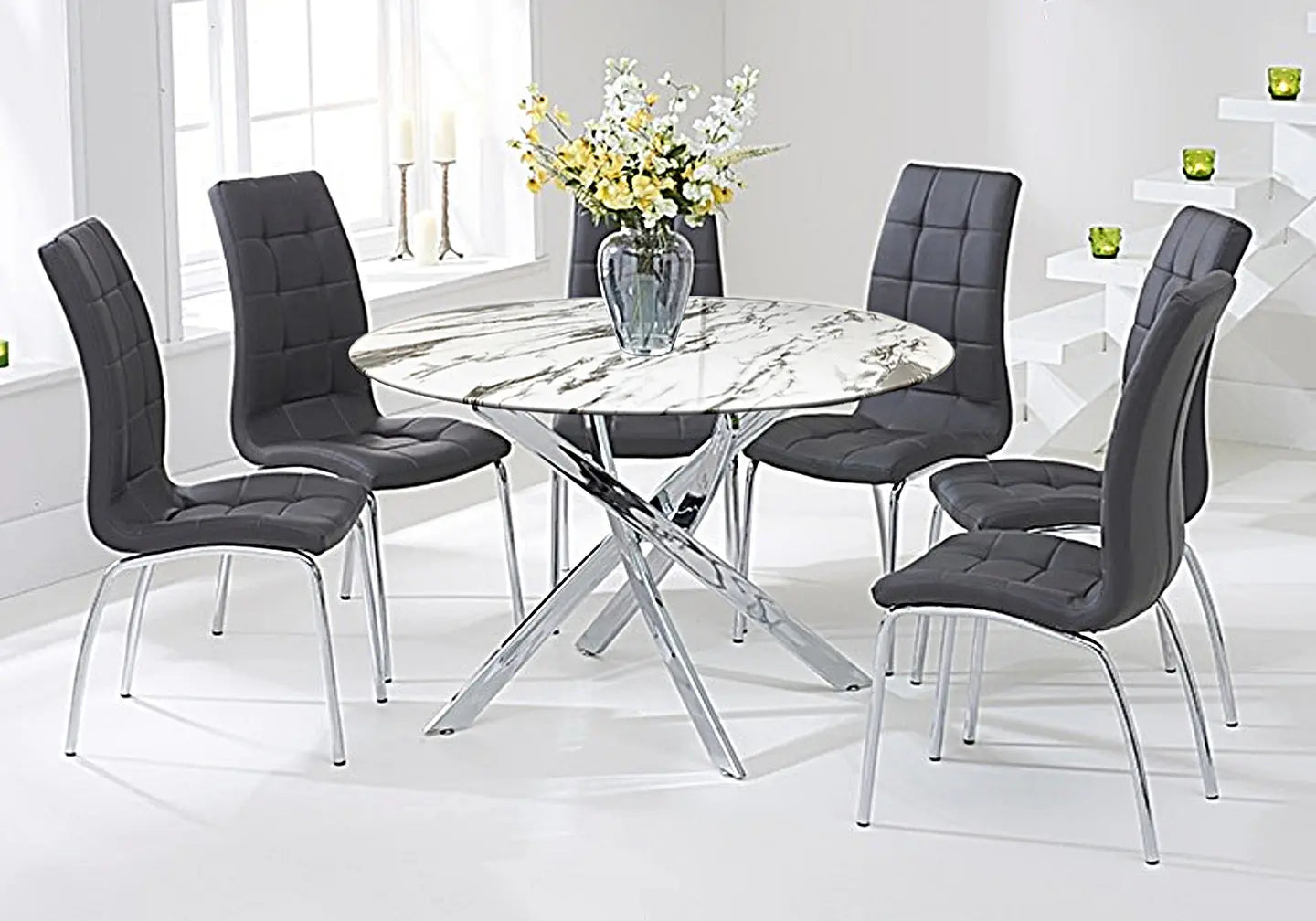 Table marbre blanc 6 chaises grises OLIVIA New OLIVIA