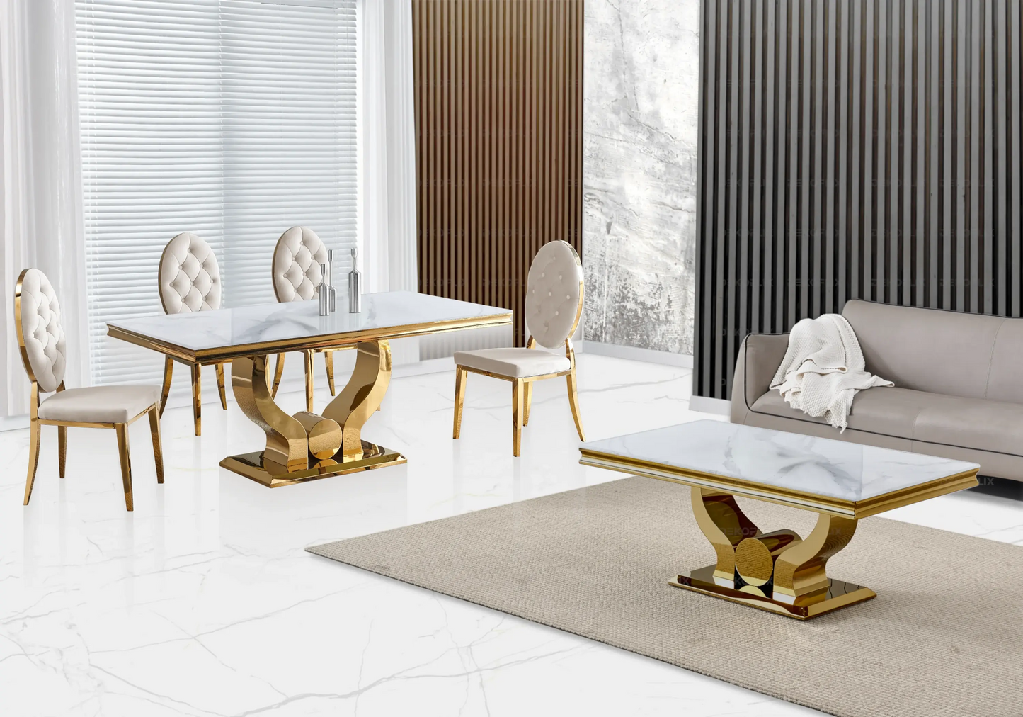 Table marbre blanc chaises capitonnées beige doré TROPHEE Galerie du Mobilier