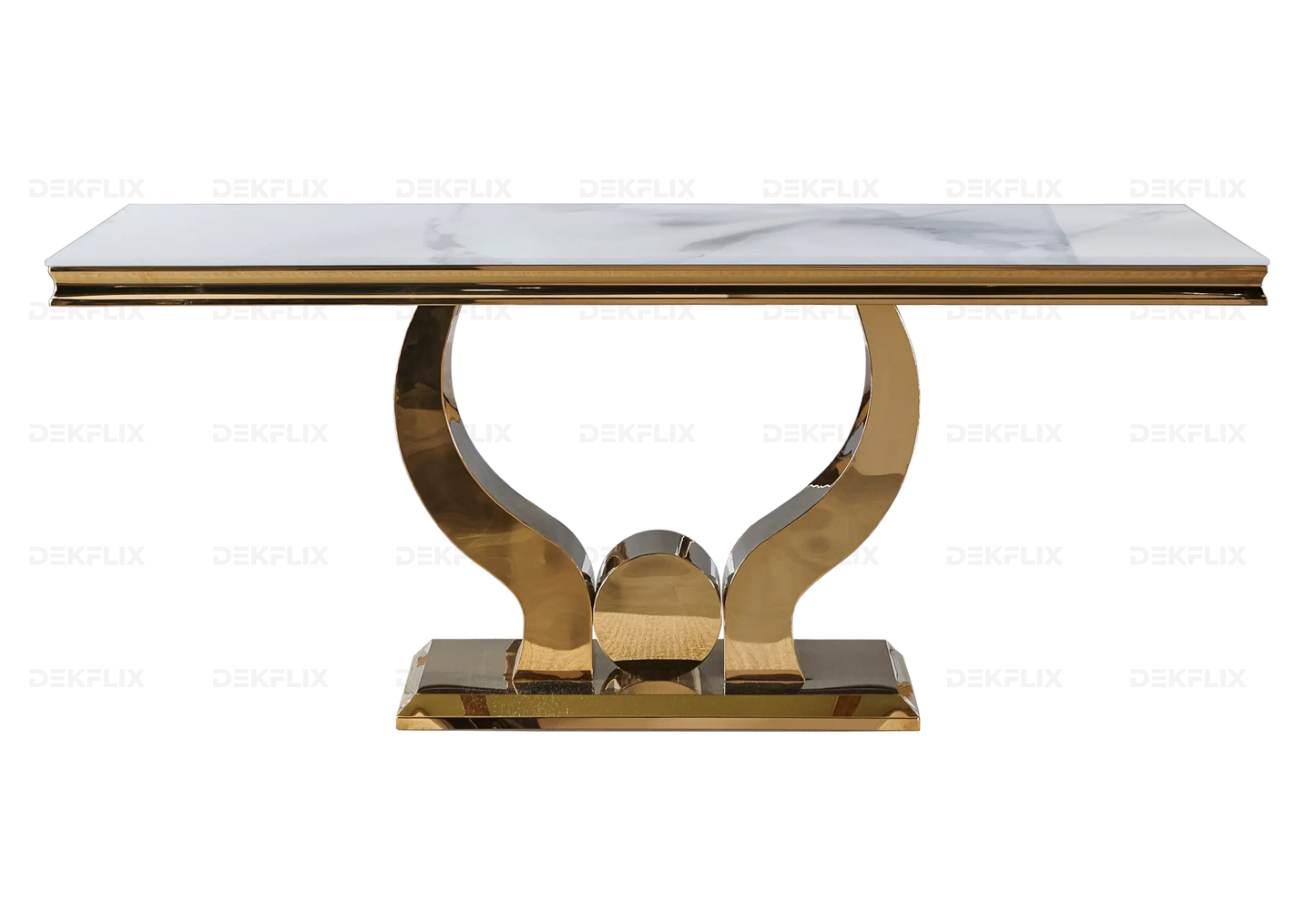 Table marbre blanc chaises capitonnées beige doré TROPHEE Galerie du Mobilier
