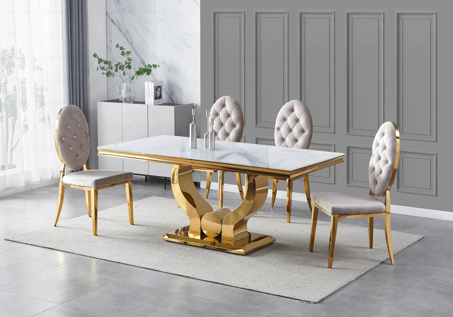Table marbre blanc chaises capitonnées taupe doré TROPHEE Galerie du Mobilier