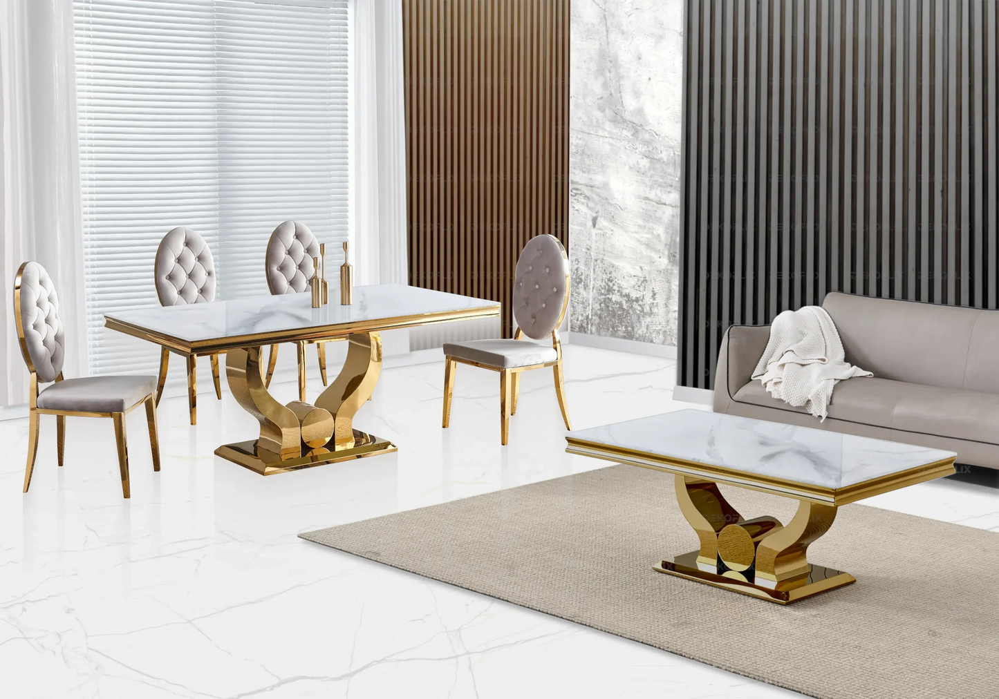 Table marbre blanc chaises capitonnées taupe doré TROPHEE Galerie du Mobilier