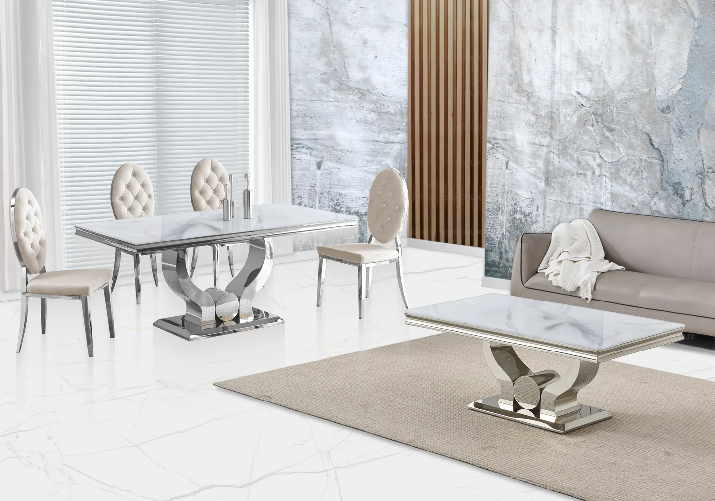 Table marbre blanc et chaises capitonnées beige TROPHEE Galerie du Mobilier