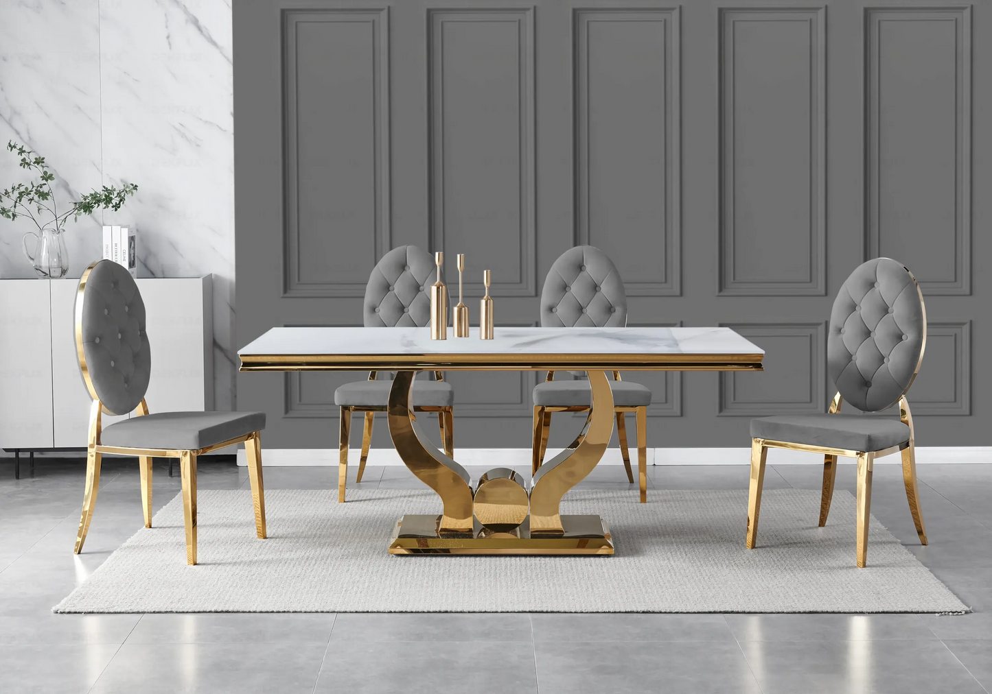 Table marbre blanc et chaises capitonnées gris doré TROPHEE Galerie du Mobilier