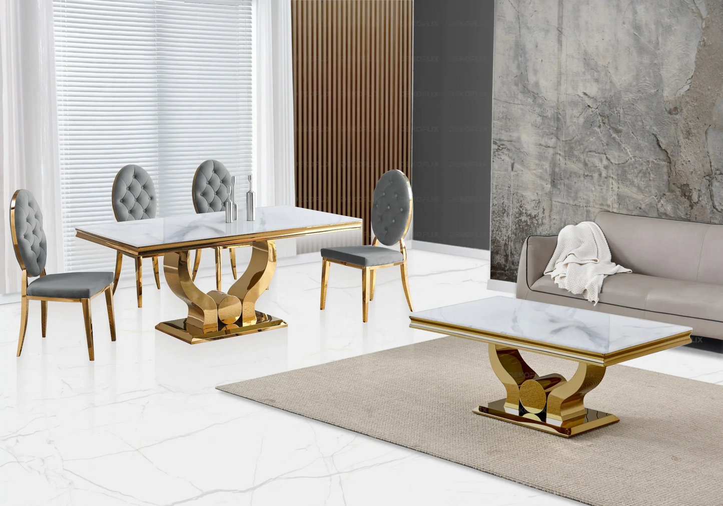 Table marbre blanc et chaises capitonnées gris doré TROPHEE Galerie du Mobilier