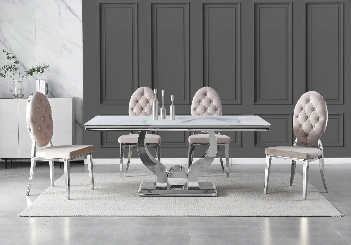 Table marbre blanc et chaises capitonnées taupe TROPHEE Galerie du Mobilier