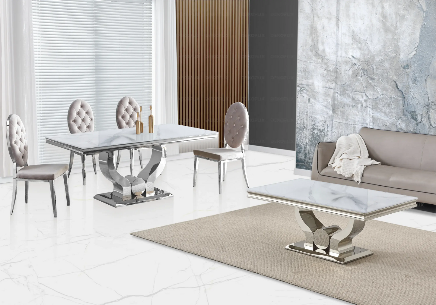 Table marbre blanc et chaises capitonnées taupe TROPHEE Galerie du Mobilier