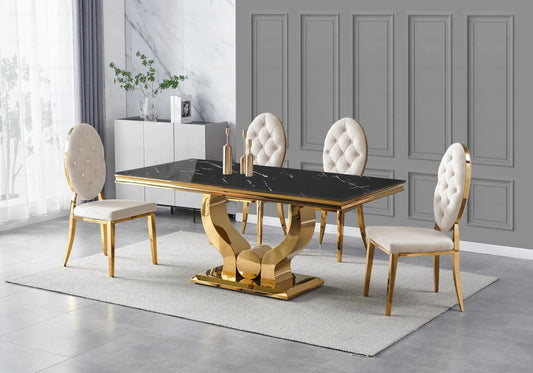 Table marbre noir chaises capitonnées beige doré TROPHEE Galerie du Mobilier