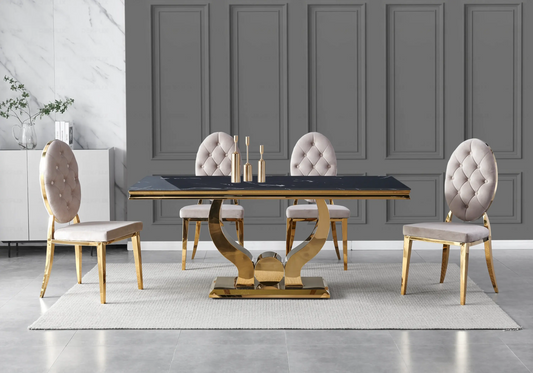 Table marbre noir chaises capitonnées taupe doré TROPHEE Galerie du Mobilier
