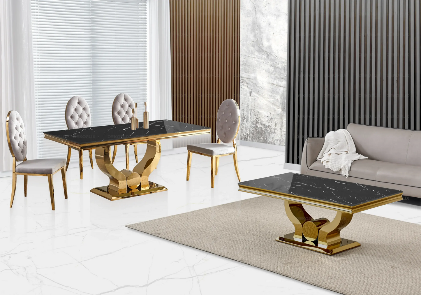 Table marbre noir chaises capitonnées taupe doré TROPHEE Galerie du Mobilier