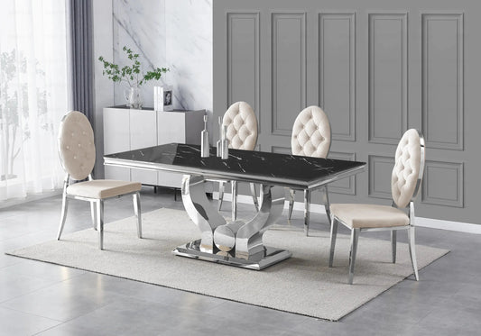 Table marbre noir et chaises capitonnées beige TROPHEE Galerie du Mobilier