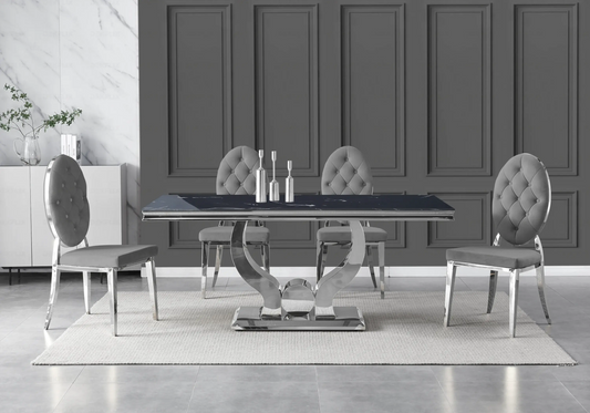 Table marbre noir et chaises capitonnées gris argent TROPHEE Galerie du Mobilier