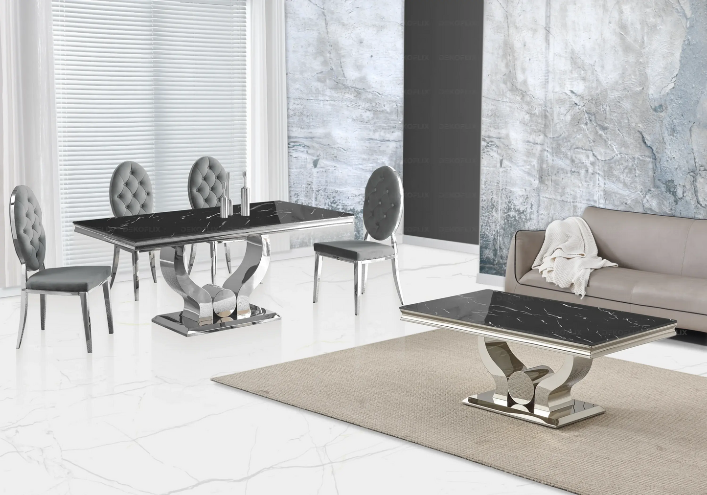 Table marbre noir et chaises capitonnées gris argent TROPHEE Galerie du Mobilier