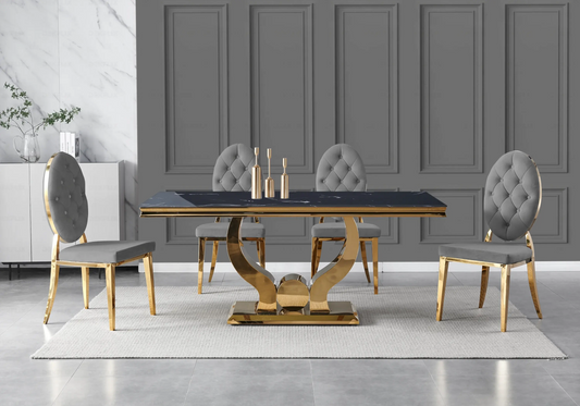 Table marbre noir et chaises capitonnées gris doré TROPHEE Galerie du Mobilier