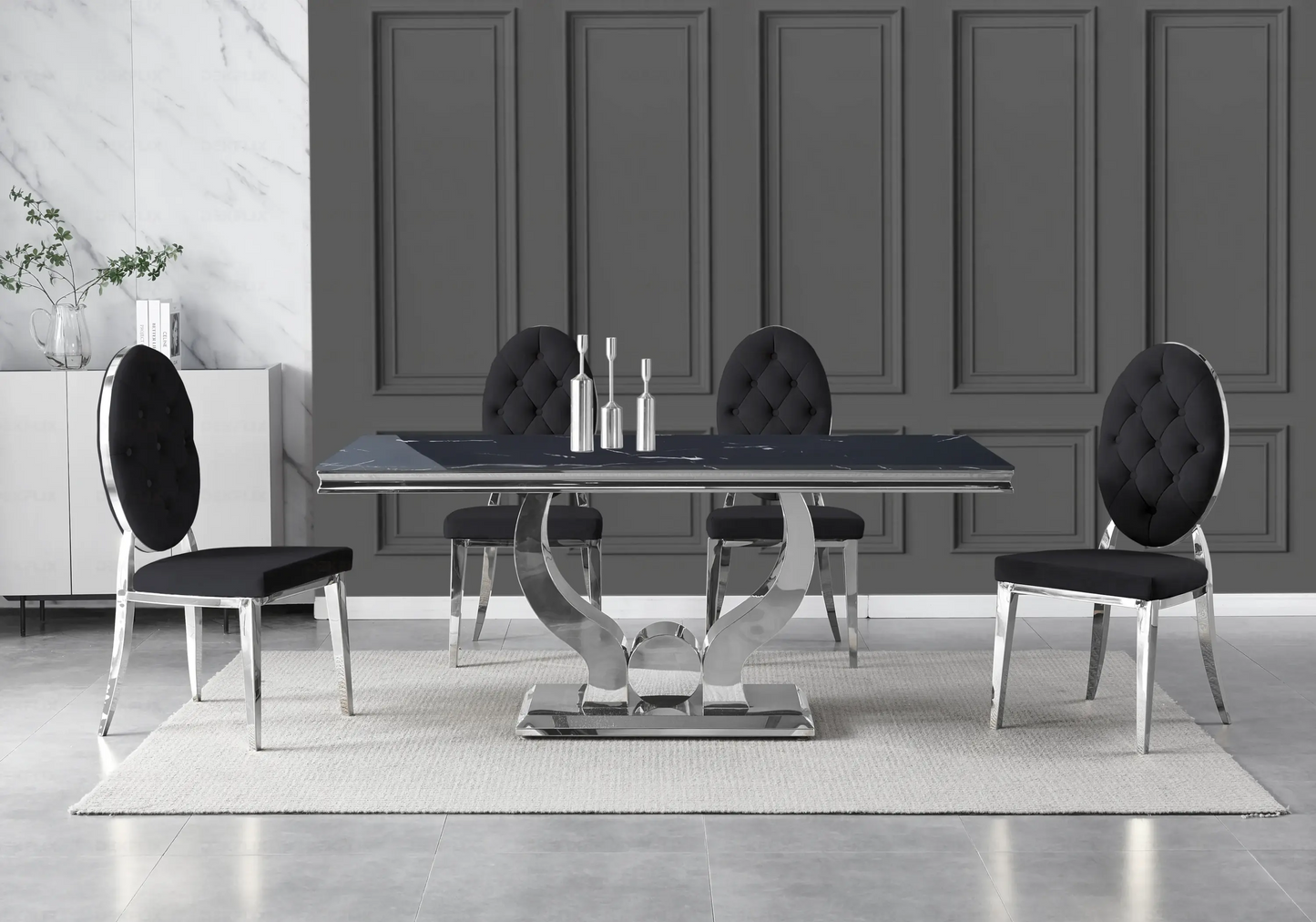 Table marbre noir et chaises capitonnées noir TROPHEE Galerie du Mobilier