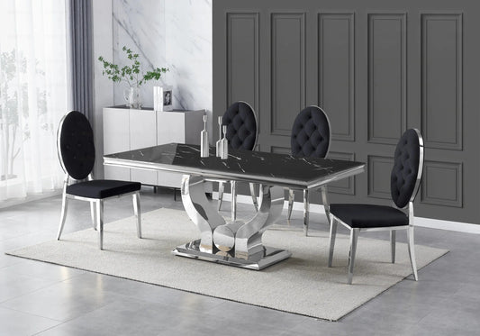 Table marbre noir et chaises capitonnées noir TROPHEE Galerie du Mobilier