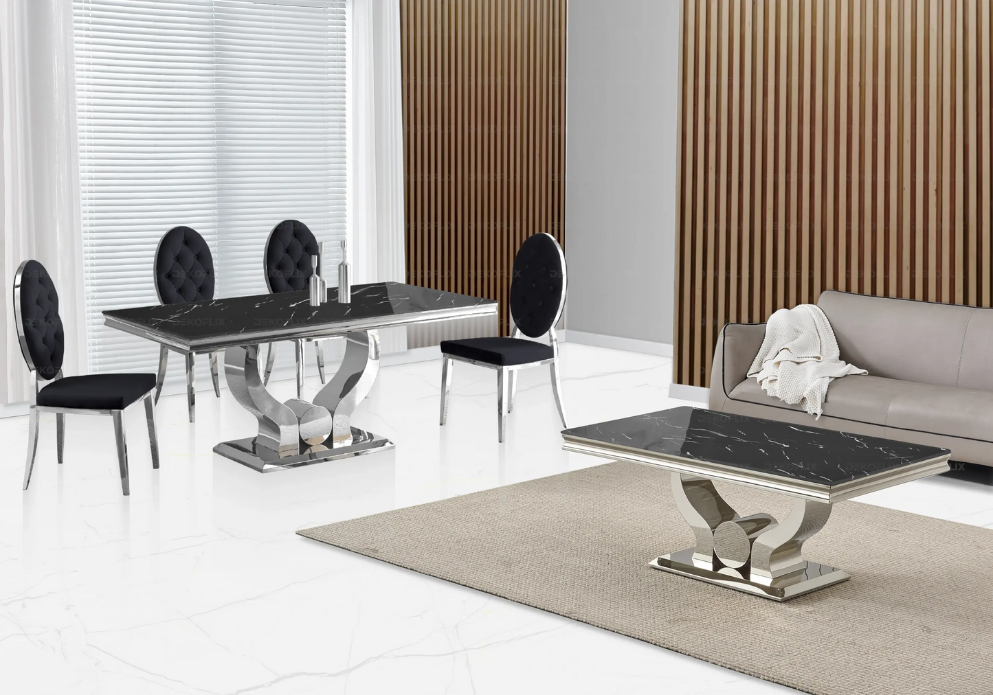 Table marbre noir et chaises capitonnées noir TROPHEE Galerie du Mobilier
