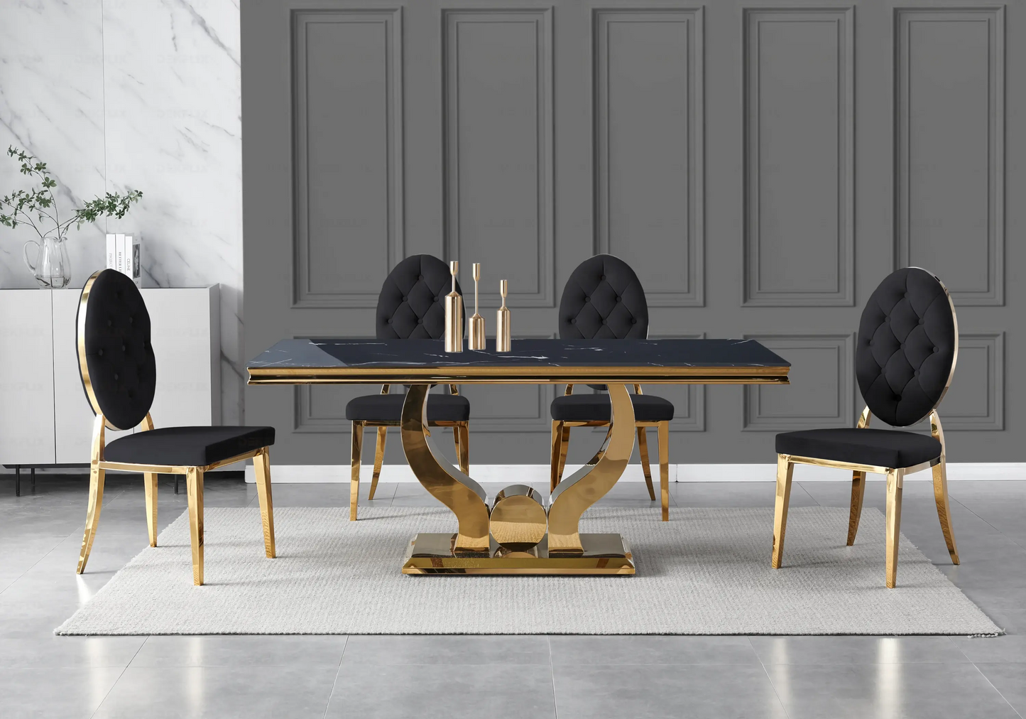 Table marbre noir et chaises capitonnées noir doré TROPHEE Galerie du Mobilier