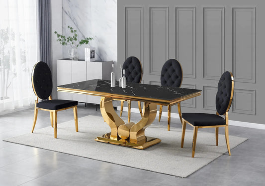 Table marbre noir et chaises capitonnées noir doré TROPHEE Galerie du Mobilier