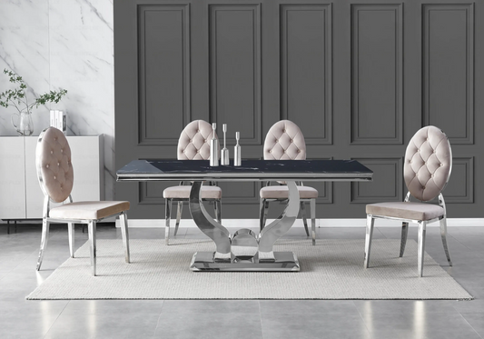 Table marbre noir et chaises capitonnées taupe TROPHEE Galerie du Mobilier