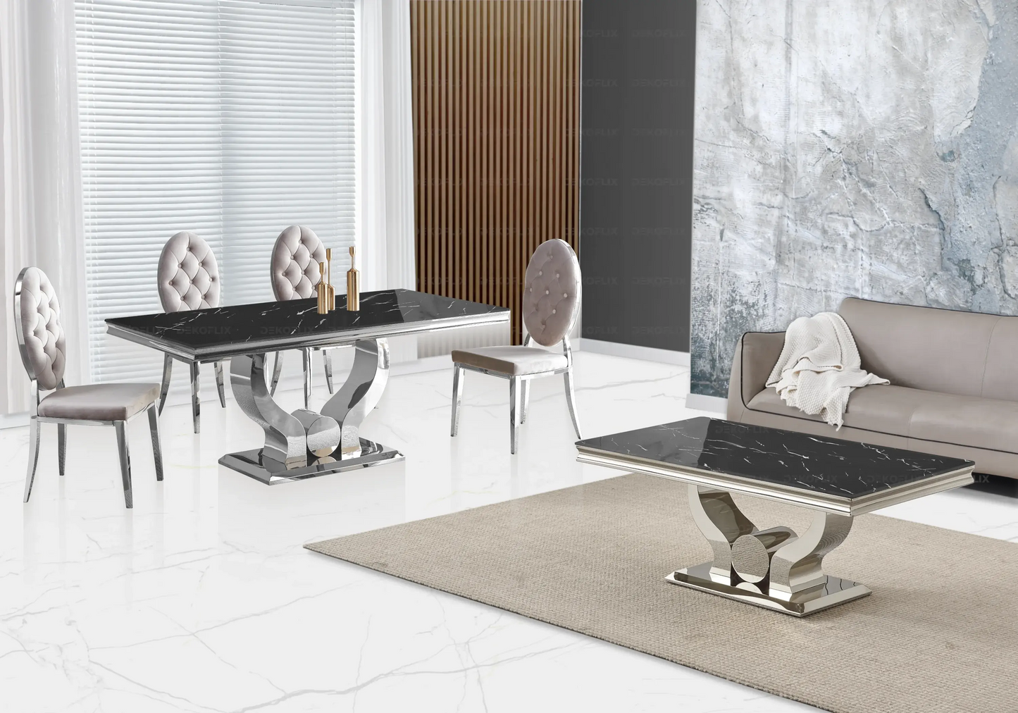 Table marbre noir et chaises capitonnées taupe TROPHEE Galerie du Mobilier
