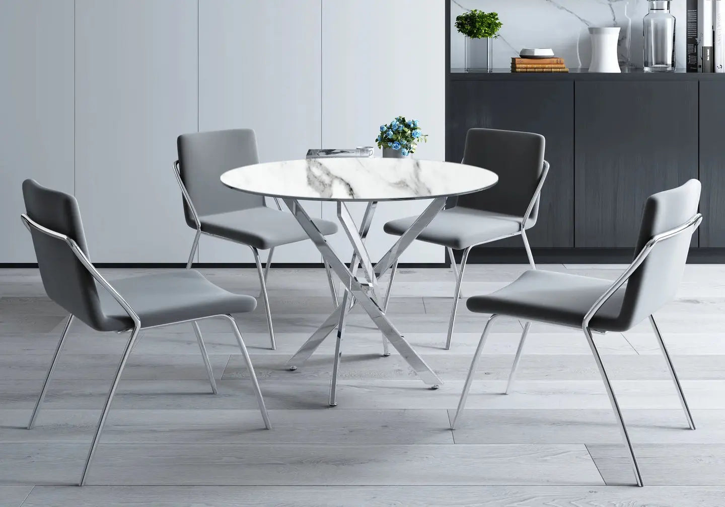 Table ronde argentée marbre blanc OLIVIA Galerie du Mobilier