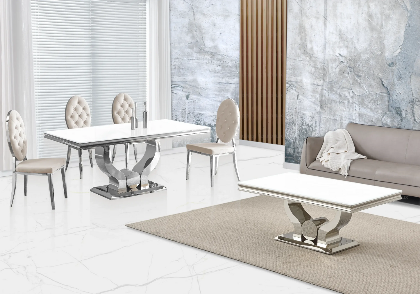 Table verre blanc et chaises capitonnées beige TROPHEE Galerie du Mobilier