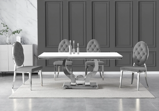 Table verre blanc et chaises capitonnées gris argent TROPHEE Galerie du Mobilier