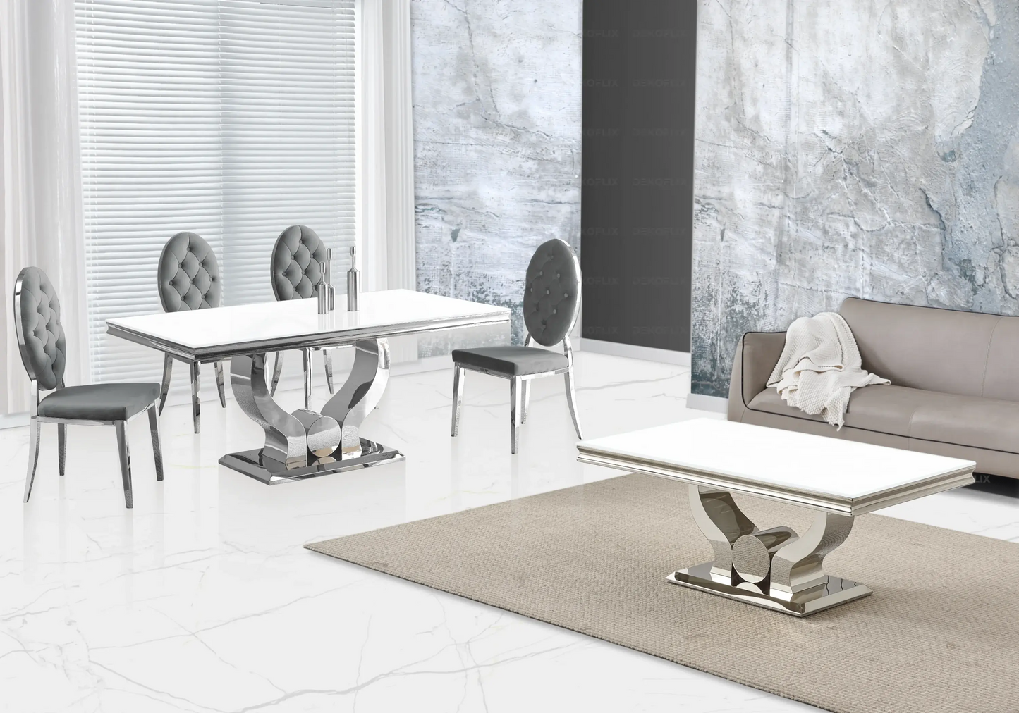 Table verre blanc et chaises capitonnées gris argent TROPHEE Galerie du Mobilier