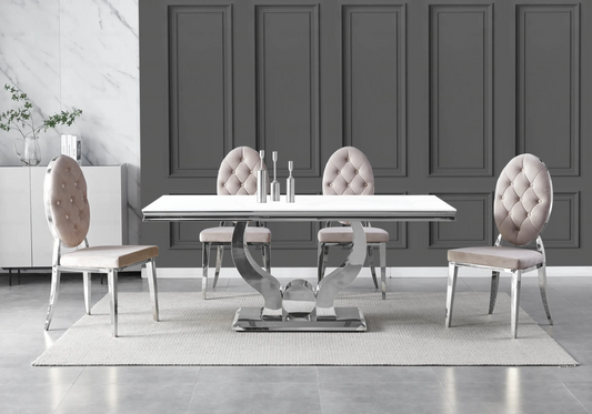 Table verre blanc et chaises capitonnées taupe TROPHEE Galerie du Mobilier