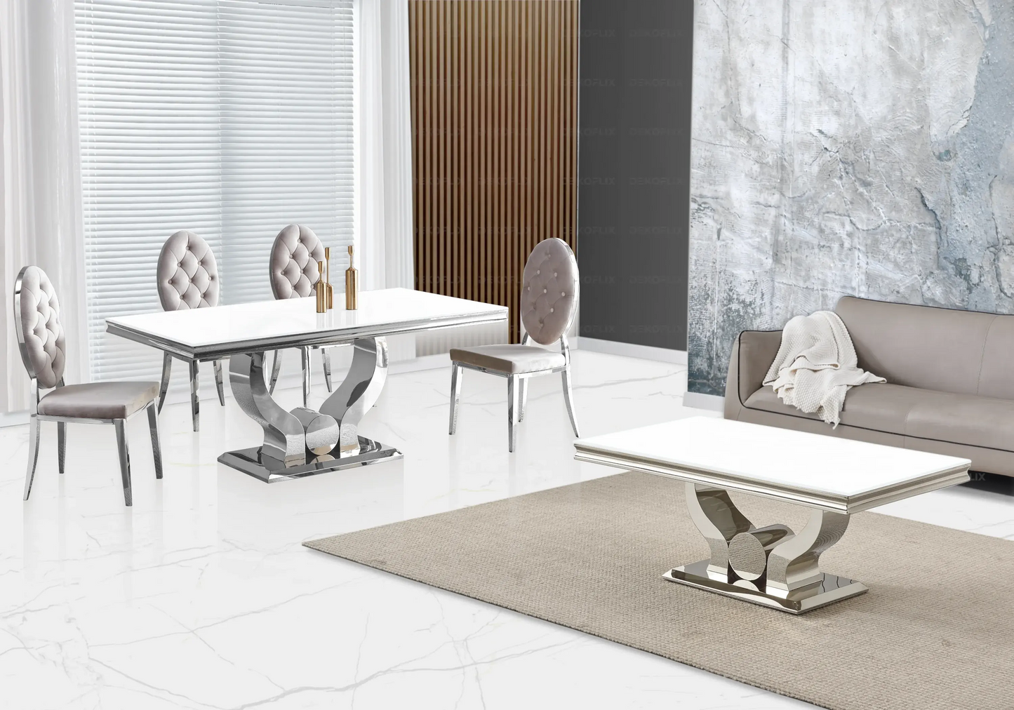 Table verre blanc et chaises capitonnées taupe TROPHEE Galerie du Mobilier