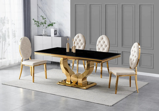 Table verre noir chaises capitonnées beige doré TROPHEE Galerie du Mobilier