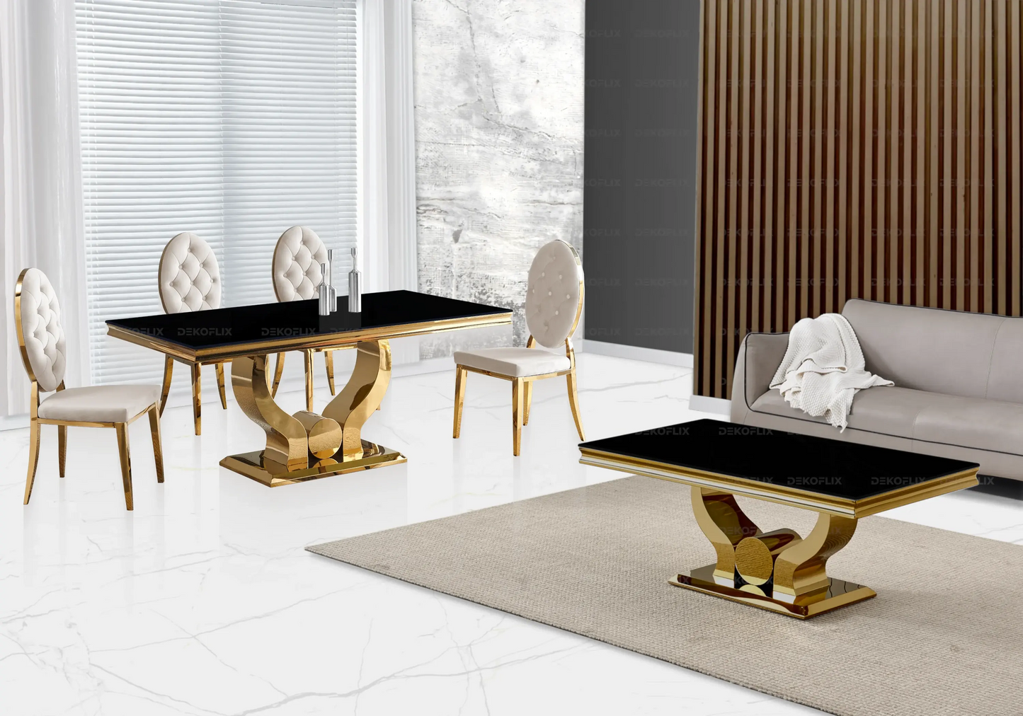 Table verre noir chaises capitonnées beige doré TROPHEE Galerie du Mobilier