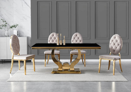 Table verre noir chaises capitonnées taupe doré TROPHEE Galerie du Mobilier