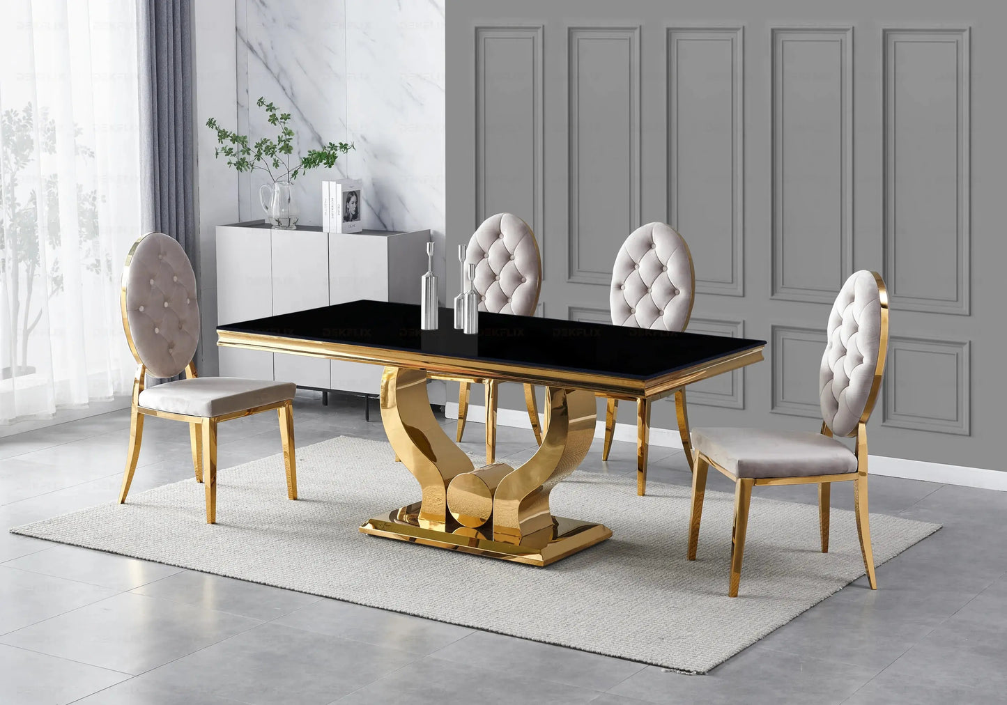 Table verre noir chaises capitonnées taupe doré TROPHEE Galerie du Mobilier
