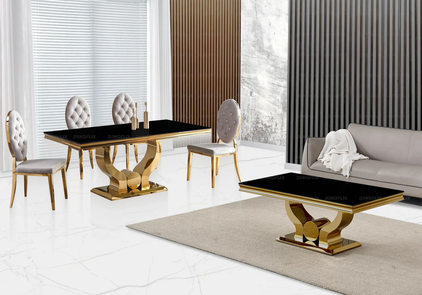 Table verre noir chaises capitonnées taupe doré TROPHEE Galerie du Mobilier