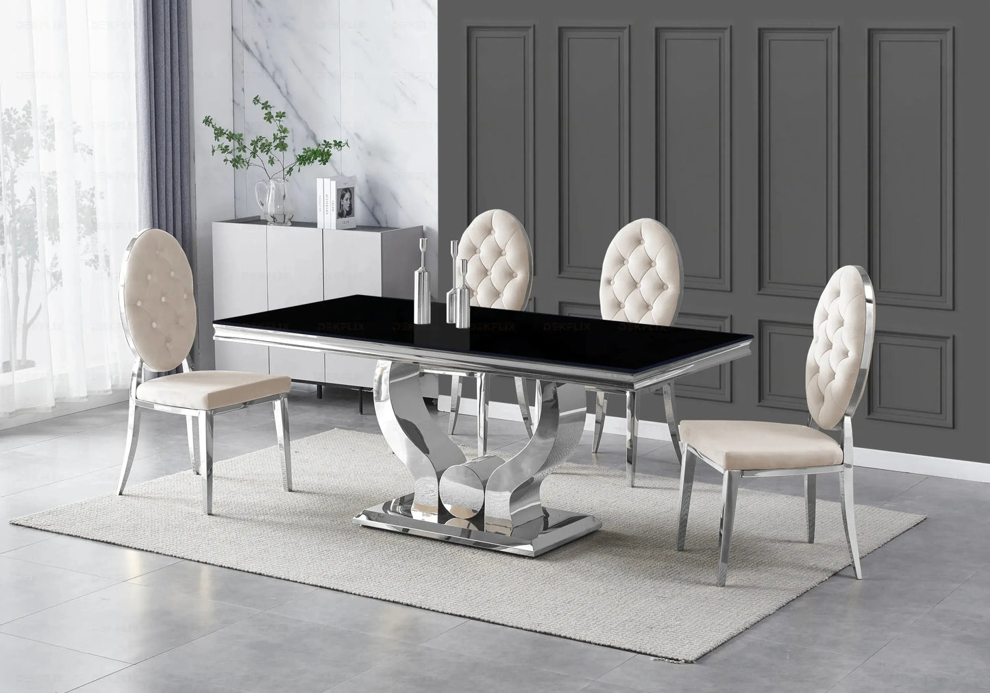 Table verre noir et chaises capitonnées beige TROPHEE Galerie du Mobilier