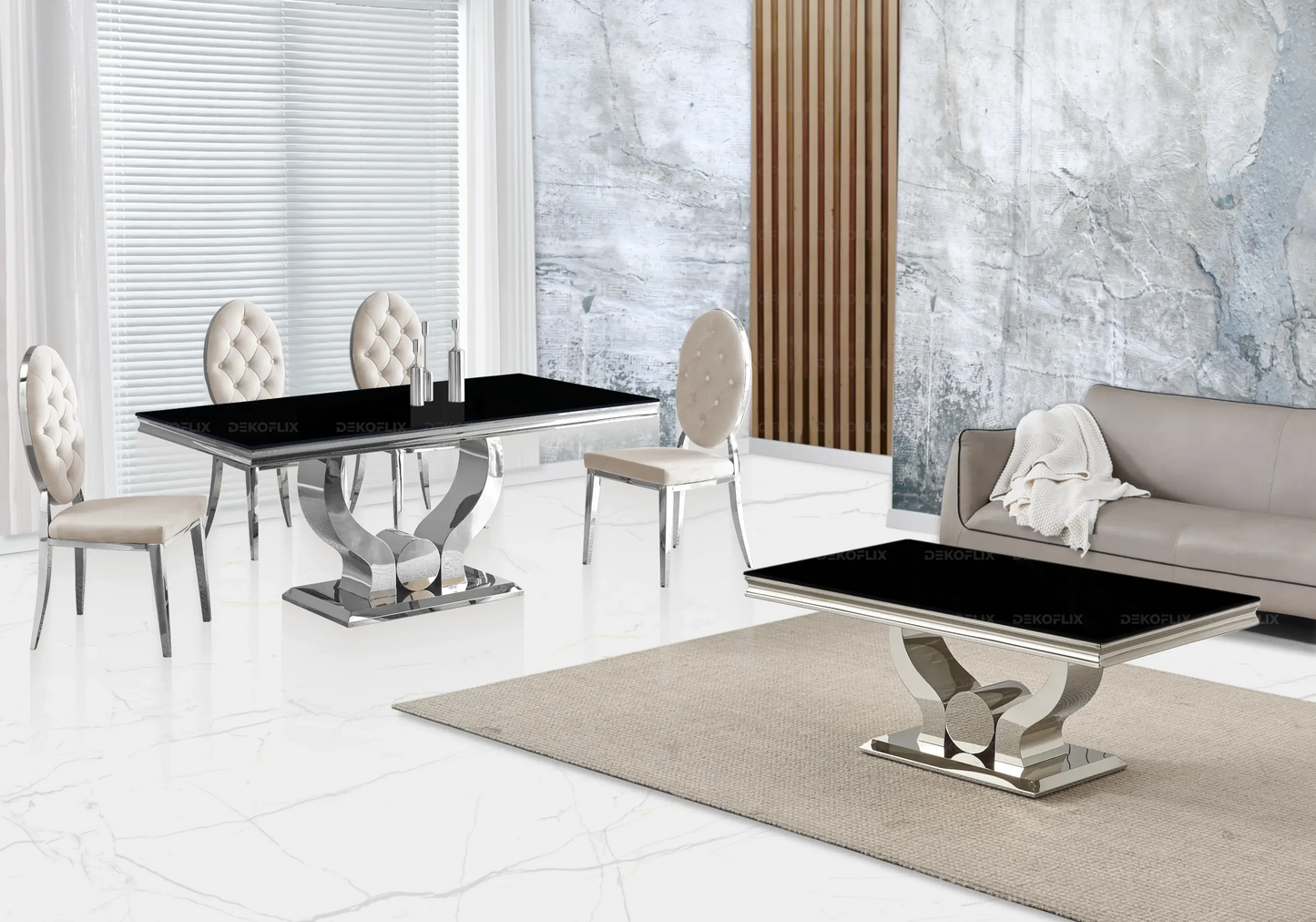 Table verre noir et chaises capitonnées beige TROPHEE Galerie du Mobilier
